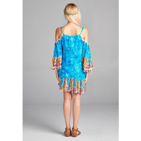 Lulu AZ Velzera Turquoise Cold Shoulder Boho Dress - Picture 3 of 4